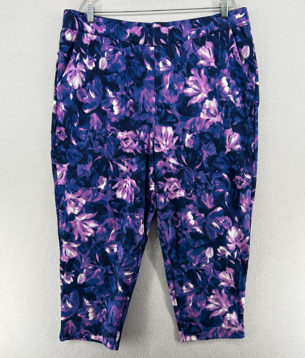 BOB MACKIE Pants 1X Plus Wearable Art Floral Cropped Capri Pull On Purple NEW